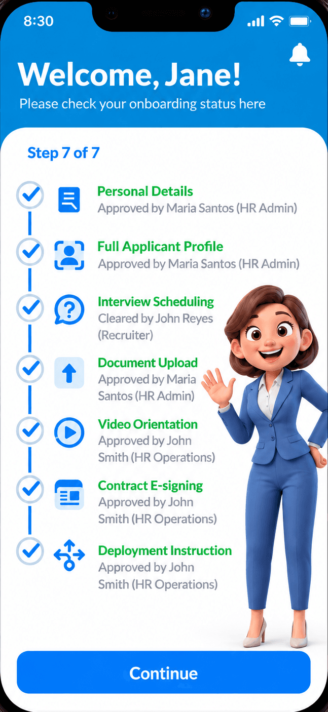Expedise Workforce App onboarding screen: all seven steps approved, from personal details to deployment instruction